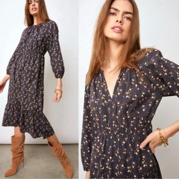 Rails Sal Romantic Black Floral Ditsy Tiered Puff Sleeve Midi Dress Size Large - Picture 1 of 5